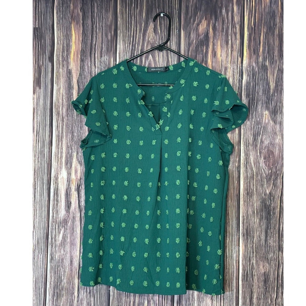 Merokeety Blouse Top Womens L Green Textured Dot Flutter Sleeve V Neck Casual